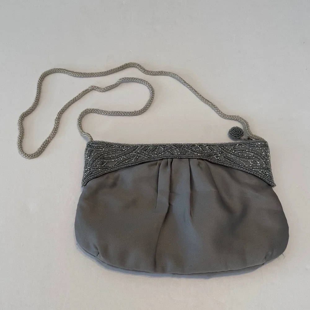 Genie Gray Satin Beaded Evening Bag Shoulder Clutch‎ Braided Strap Korea Vintage